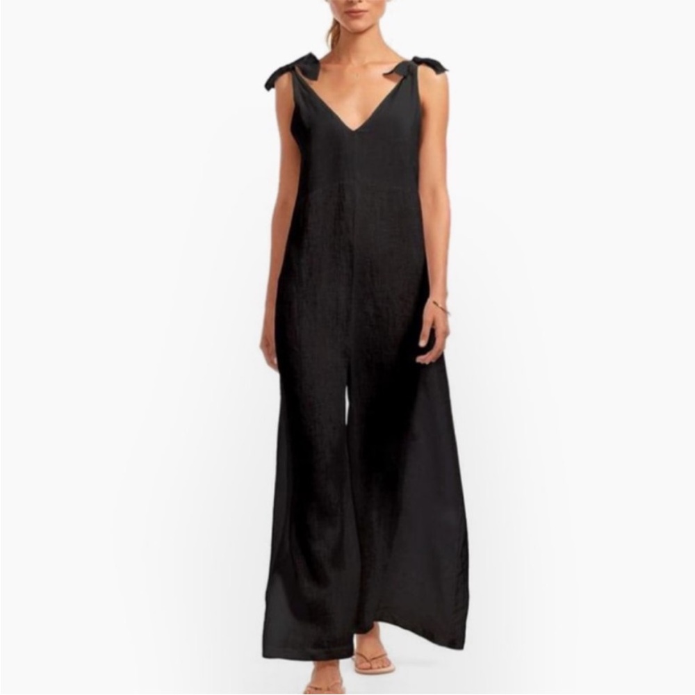 Vitamin A Marina EcoLinen Black Jumpsuit CoverUp Medium - Picture 4 of 13